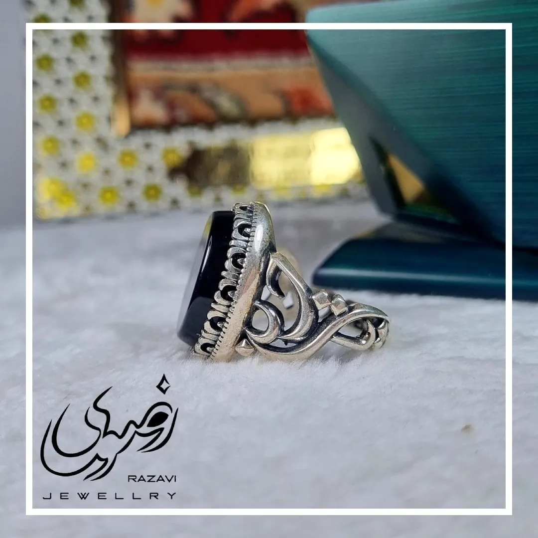 انگشتر مردانه آلیاژ نقره روس سنگ عقیق مشکی