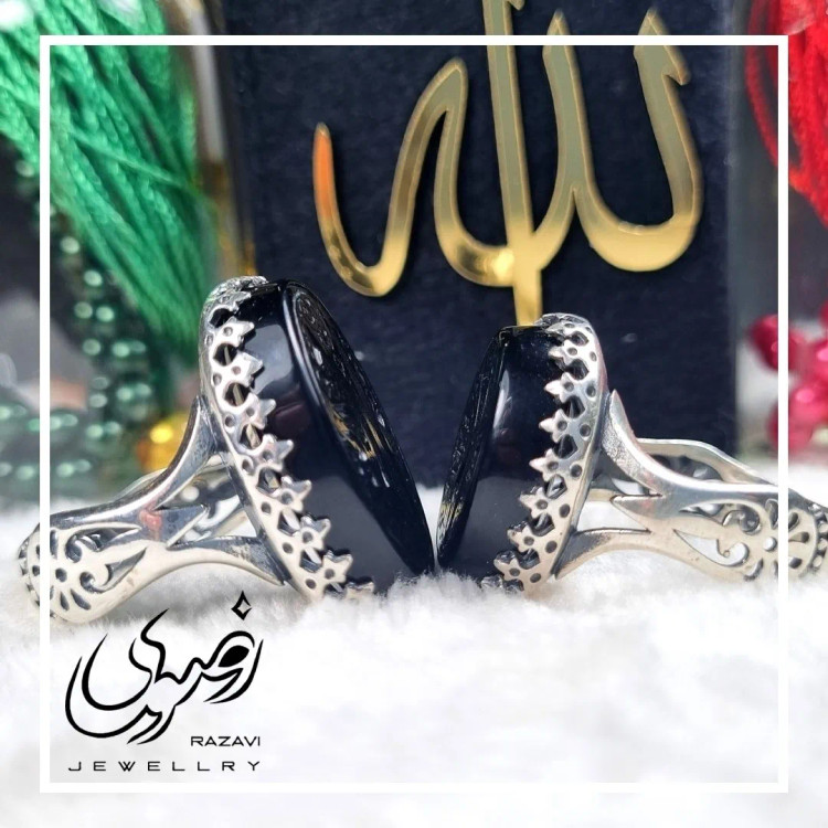 ست انگشتر مردانه آلیاژ نقره روس با سنگ عقیق مشکی خطی