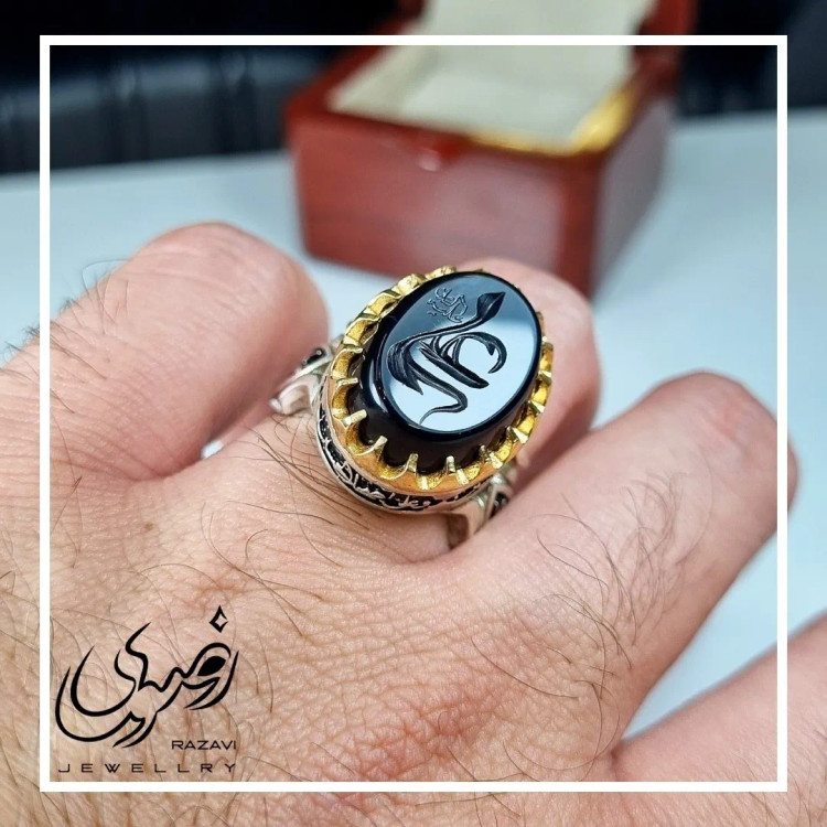 انگشتر نقره روس مردانه عقیق مشکی حکاکی نام علی ع رنگ ثابت