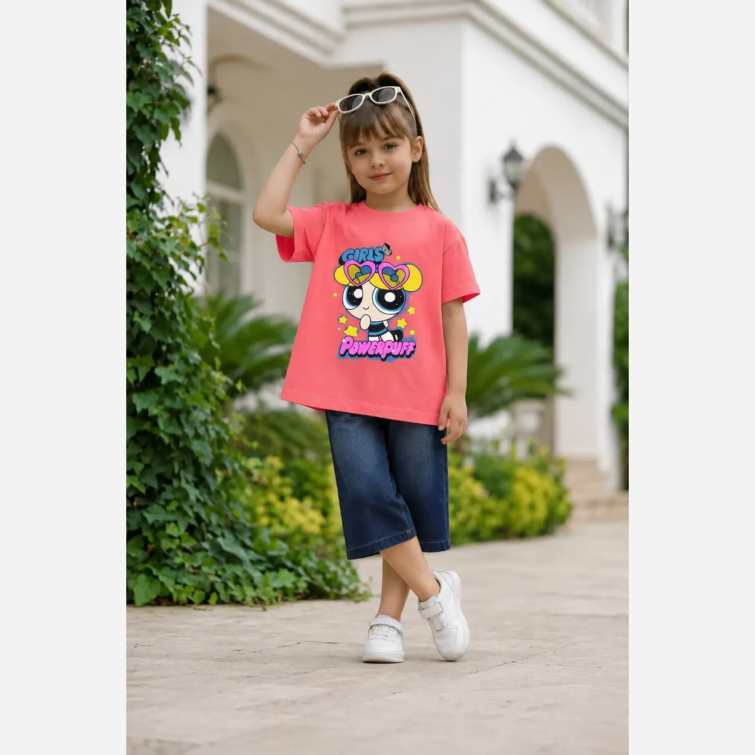 ست تیشرت و شلوارک جین دخترانه با چاپ و مروارید دوزی | سایز 35 تا 50
