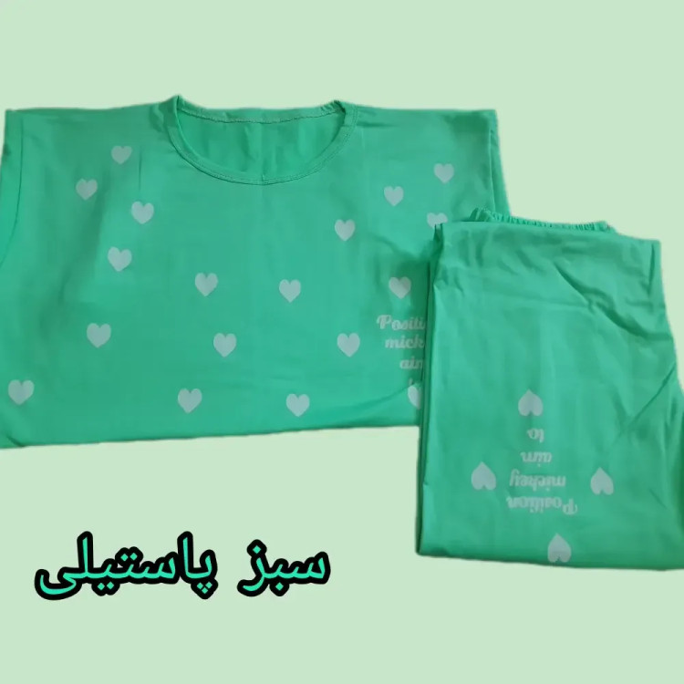 ست تیشرت و شلوار زنانه طرح قلبی جنس نخ ویسکوز سایز 38 تا 48
