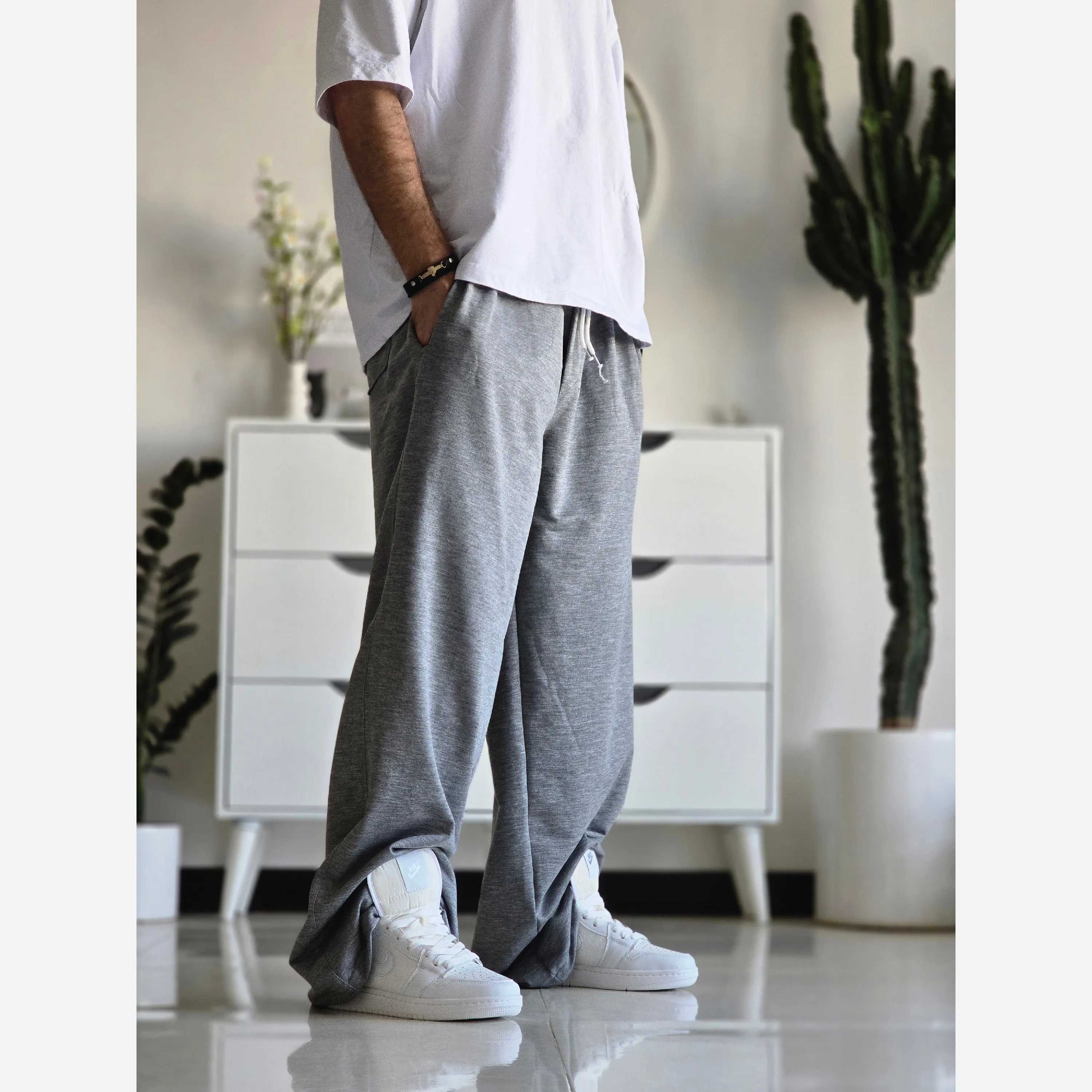 شلوار اسلش فول بگ پارچه ملانژ خنک رنگ طوسی و مشکی سایز بزرگ XXL و XXXL