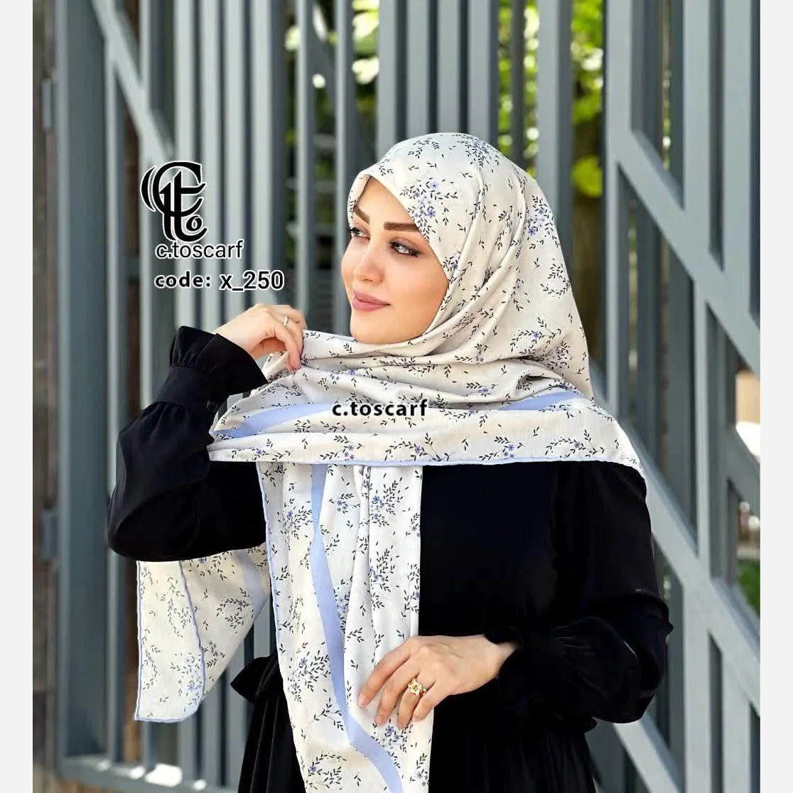 روسری نخی قواره بزرگ طرح گندم زمینه شیری