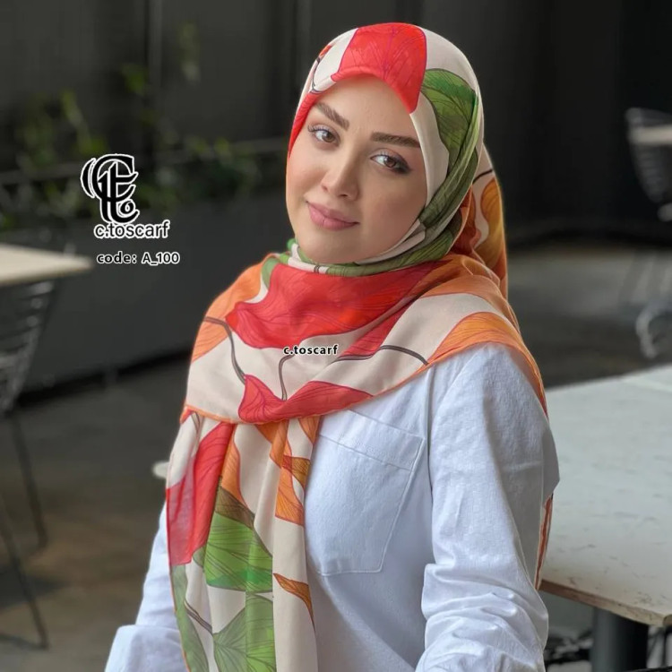 روسری نخ کاستوم قواره بزرگ 140 در 140 طرح رونیا نارنجی