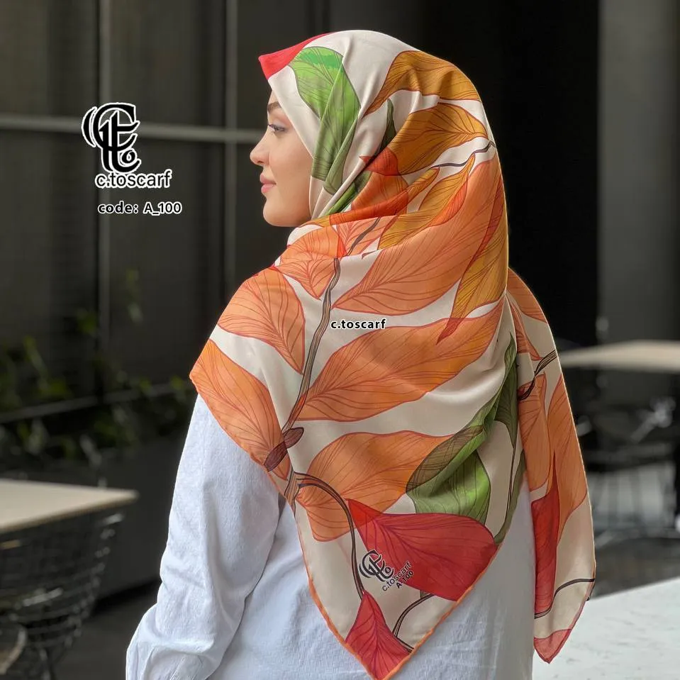 روسری نخ کاستوم قواره بزرگ 140 در 140 طرح رونیا نارنجی