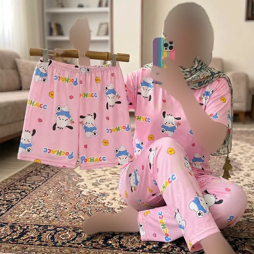 ست سه تیکه زنانه تیشرت شلوار و شلوارک طرح سگ و جوجه جنس گیاهی اسپان فری سایز