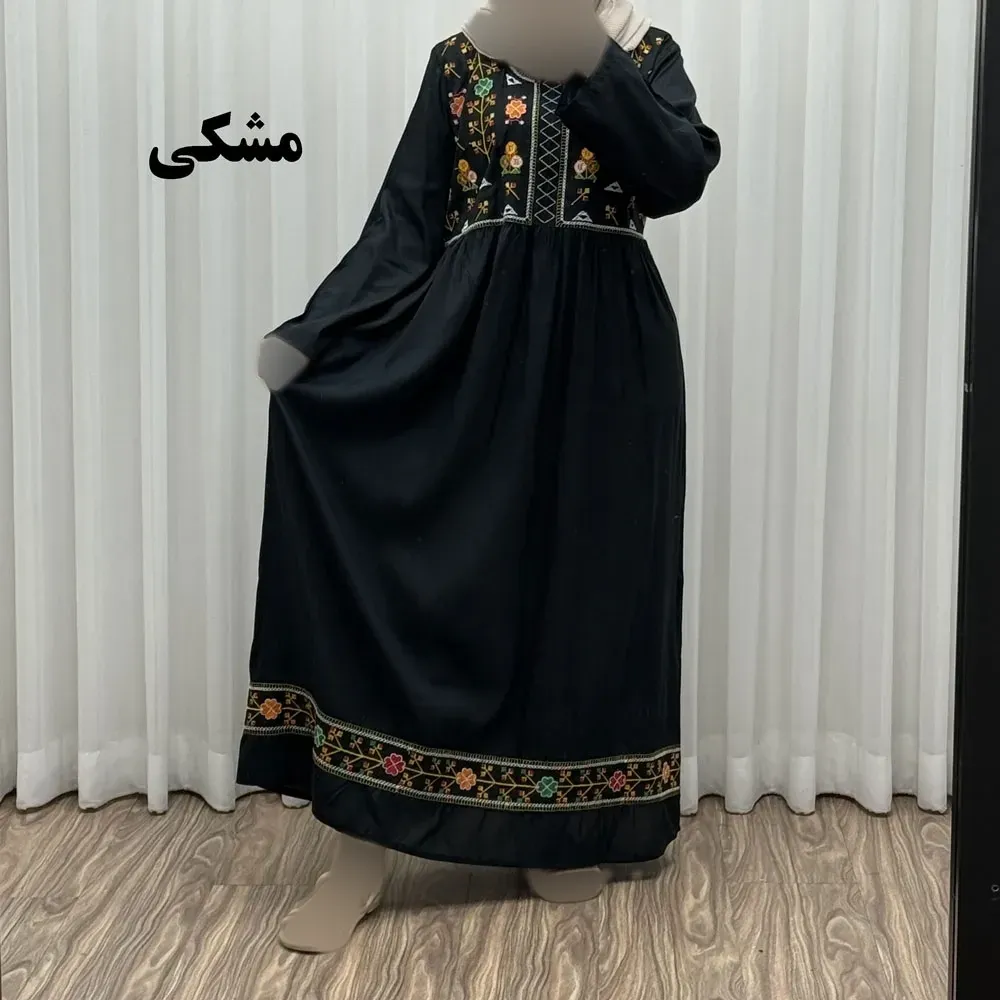 پیراهن نخی هندی سلن گلدوزی فری سایز تا 50 کمربنددار چهارفصل زنانه شیک