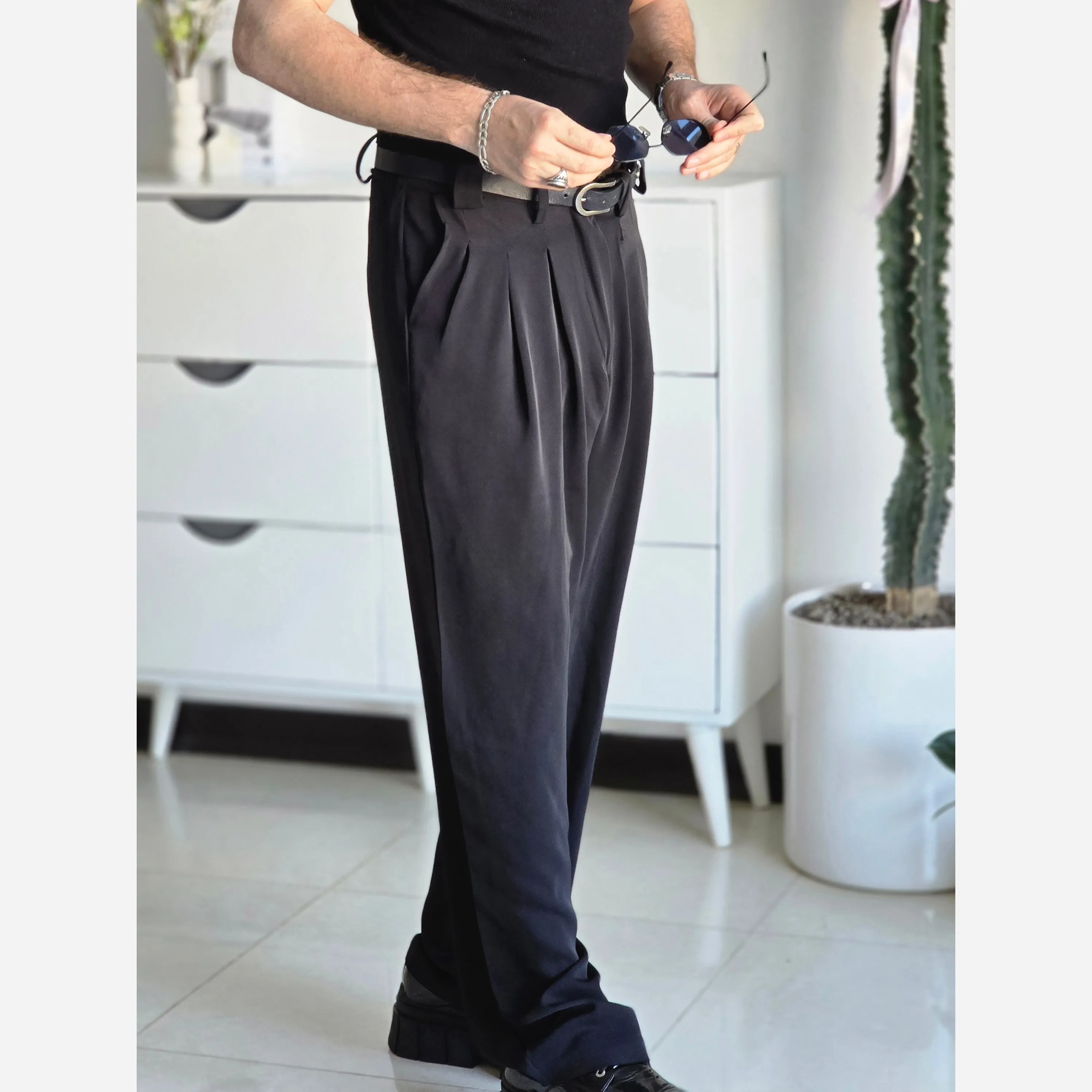 شلوار بگ پارچه ای زنانه مدل پیله دار جنس کاترین رنگ مشکی سایز L تا 3XL